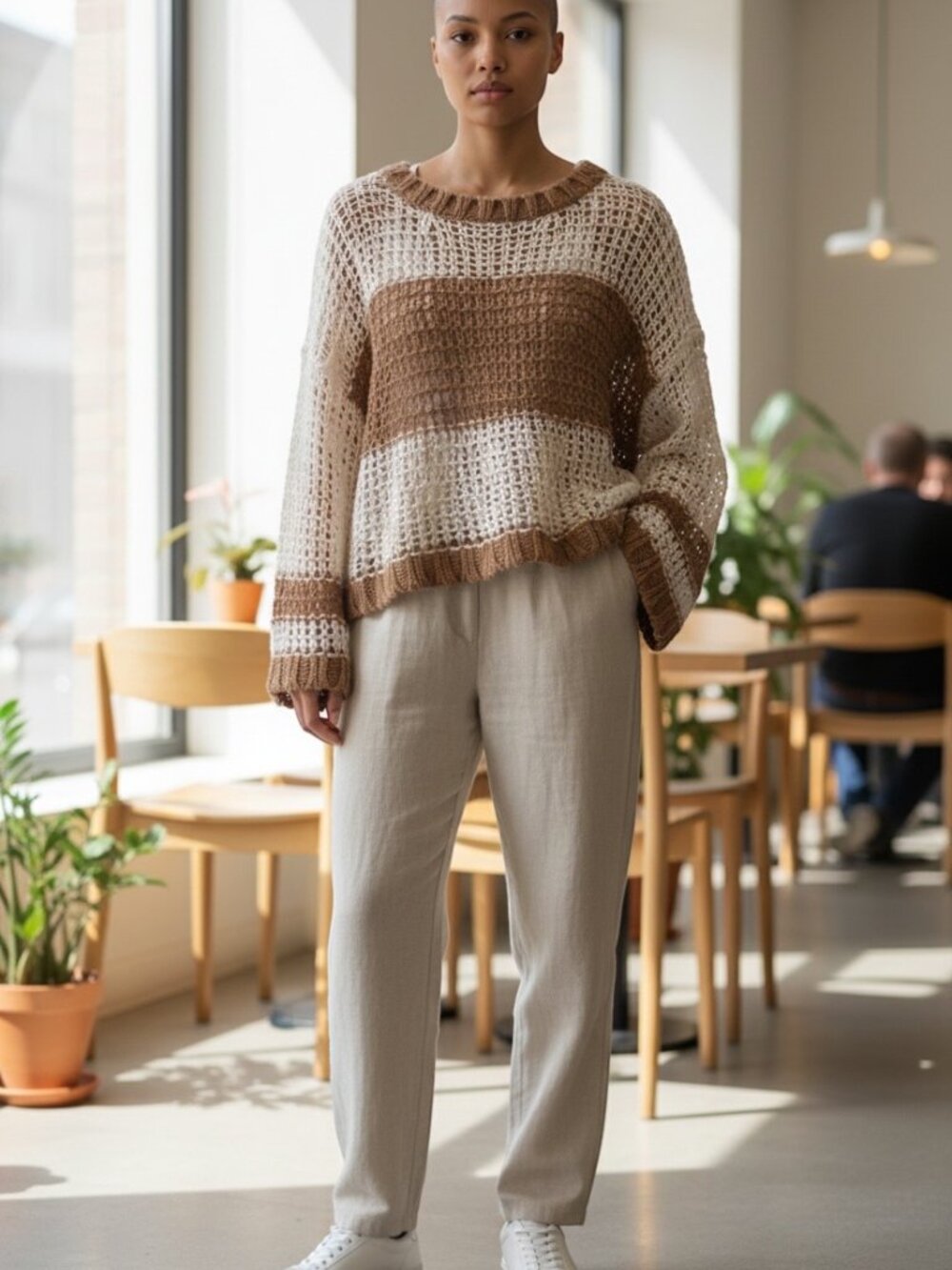 Free People Open-Knit Crew Sweater in Cream & Brown